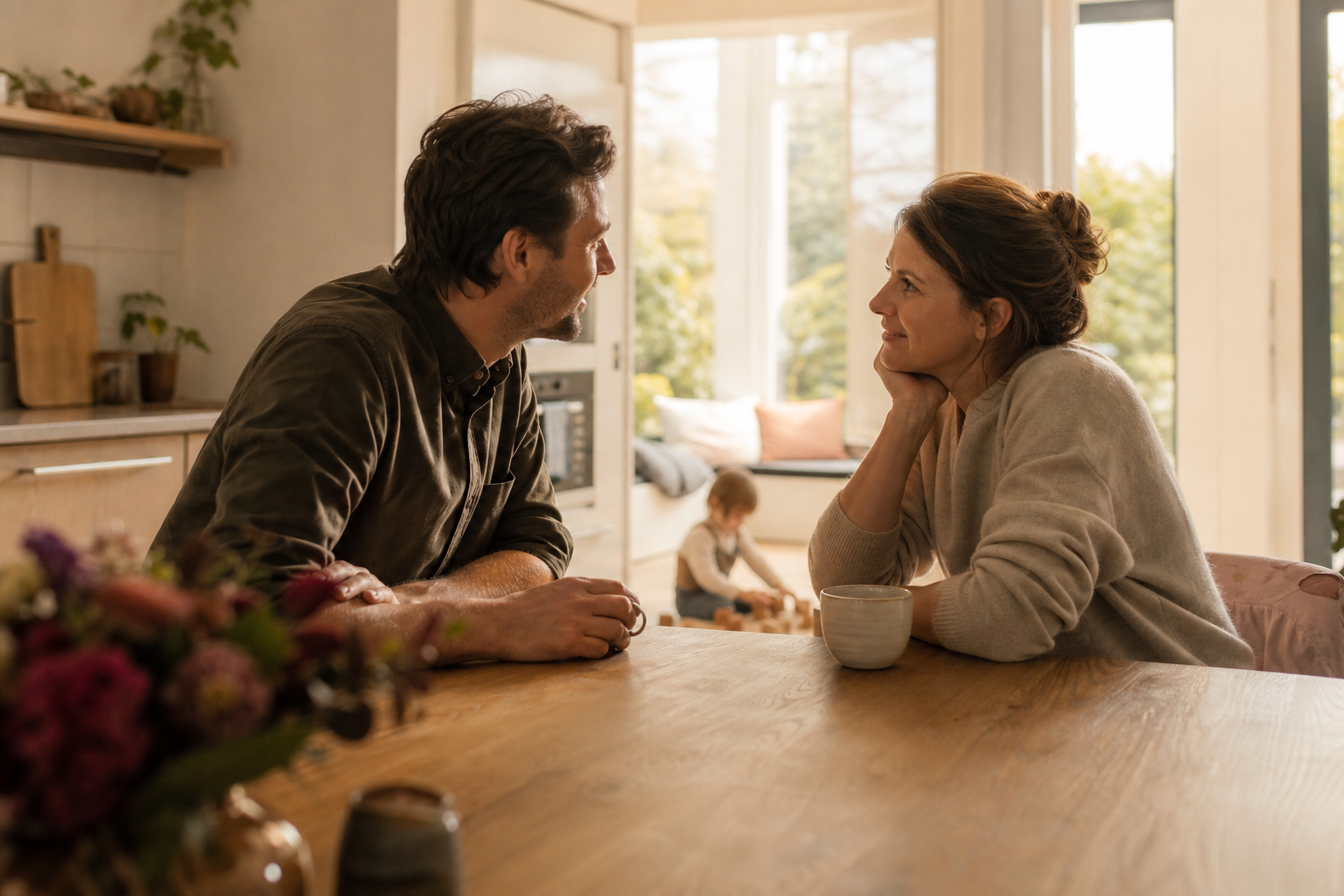 Ouders zitten samen aan de keukentafel in gesprek, terwijl kind op de achtergrond speelt, warm daglicht