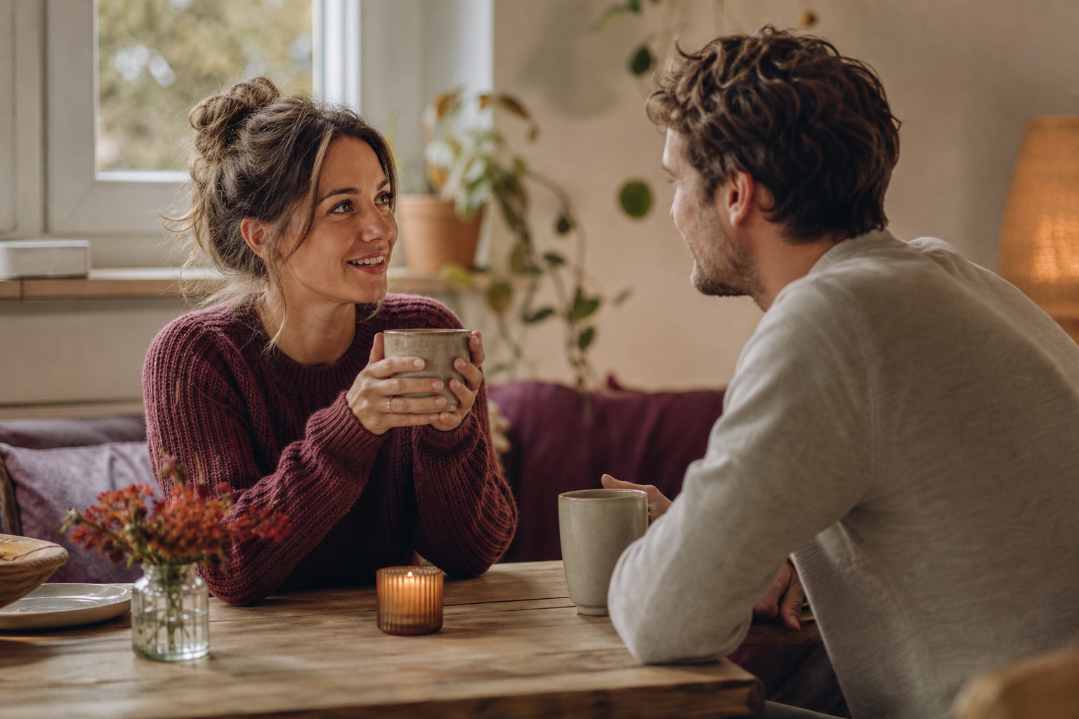 Een stel zit warm tegenover elkaar aan tafel met koffie, in gesprek, natuurlijk daglicht