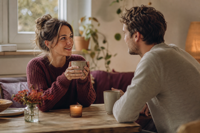 Een stel zit warm tegenover elkaar aan tafel met koffie, in gesprek, natuurlijk daglicht