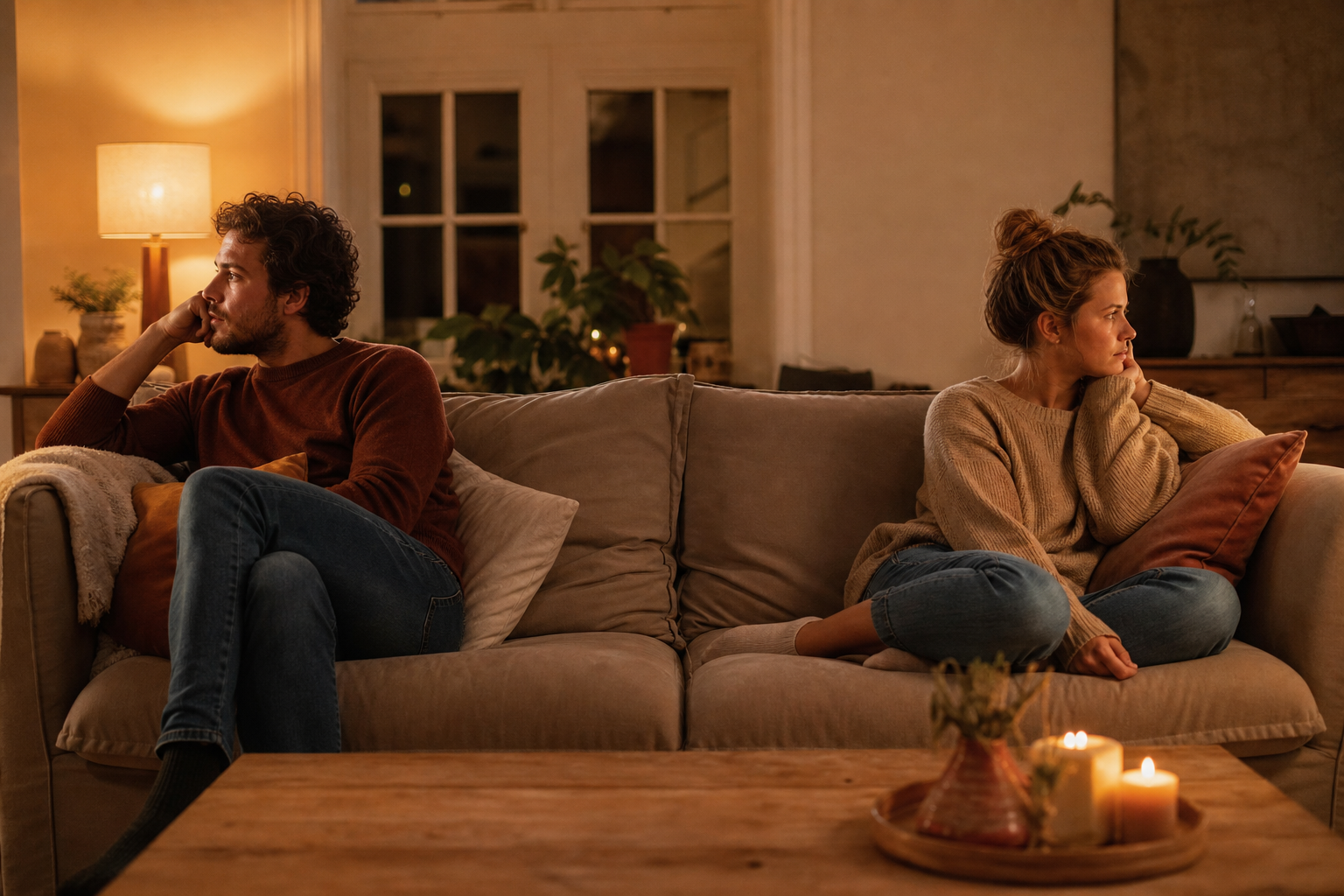 Twee mensen zitten met wat afstand van elkaar op de bank in een woonkamer, in gedachten verzonken, warm avondlicht