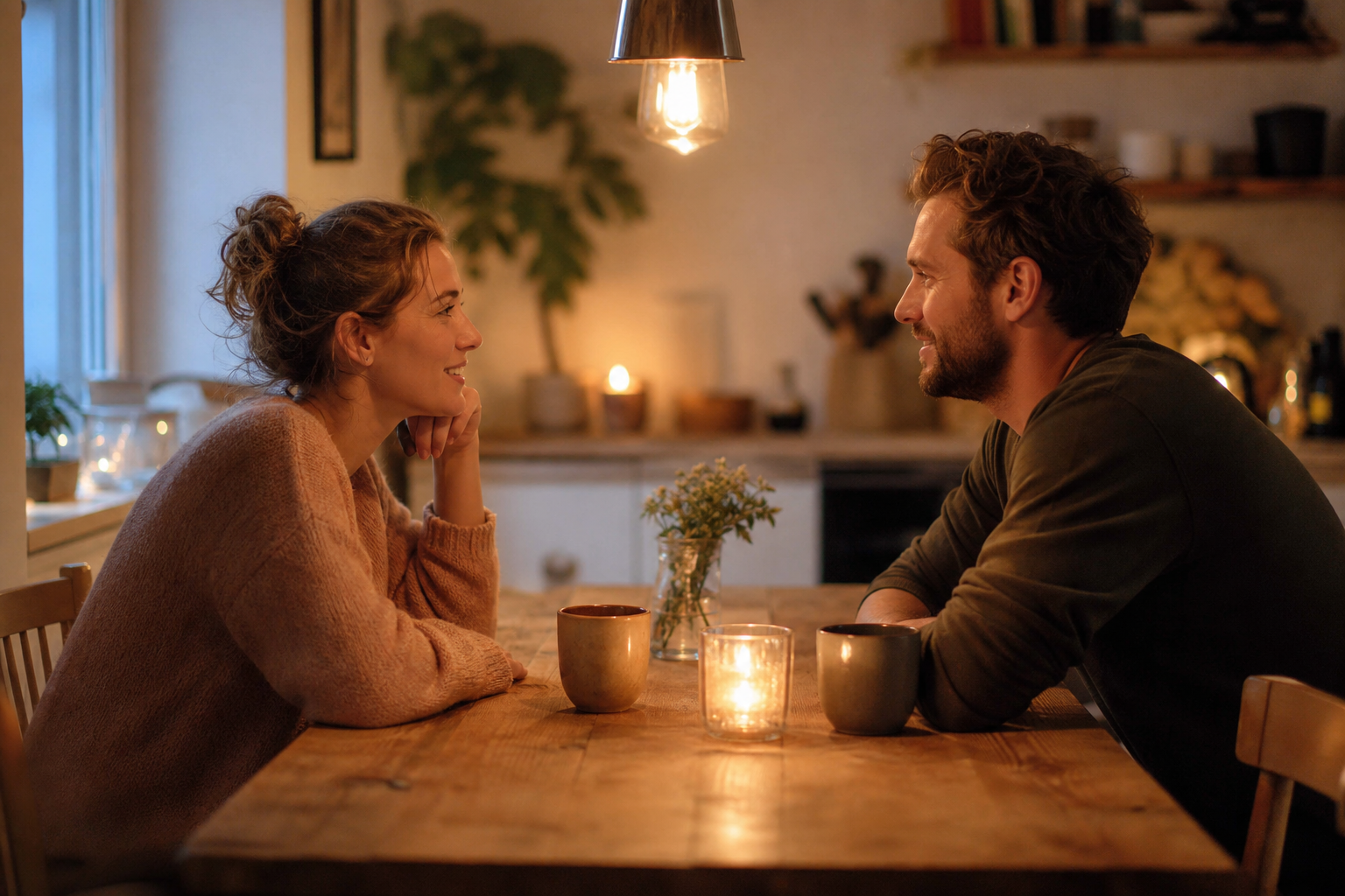 Twee partners die ontspannen tegenover elkaar zitten aan een houten tafel bij warm avondlicht, in gesprek en verbonden