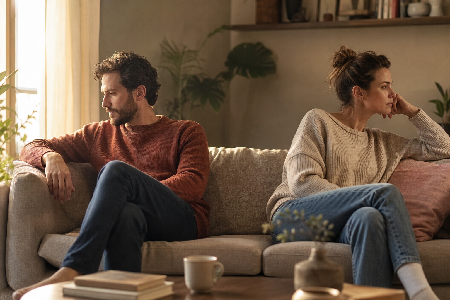 Twee mensen zitten met wat afstand naast elkaar op een bank, warm licht, ieder verdiept in eigen gedachten