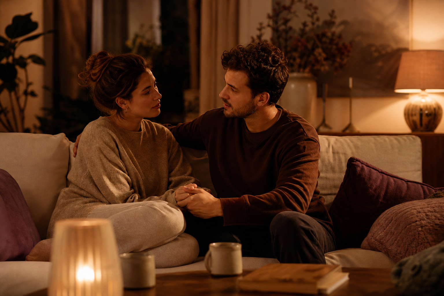 A couple sits quietly together on the couch in warm evening light, having an intimate and supportive conversation