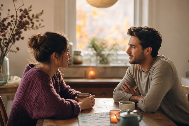 Twee partners zitten rustig tegenover elkaar aan een houten tafel bij warm daglicht, in een intiem gesprek