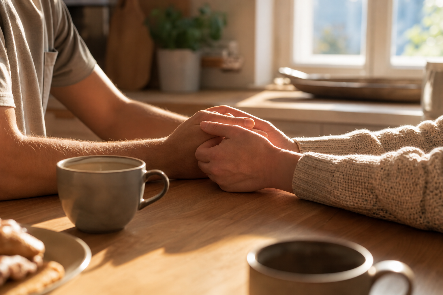 Twee partners die zachtjes handen vasthouden aan een keukentafel bij warm ochtendlicht