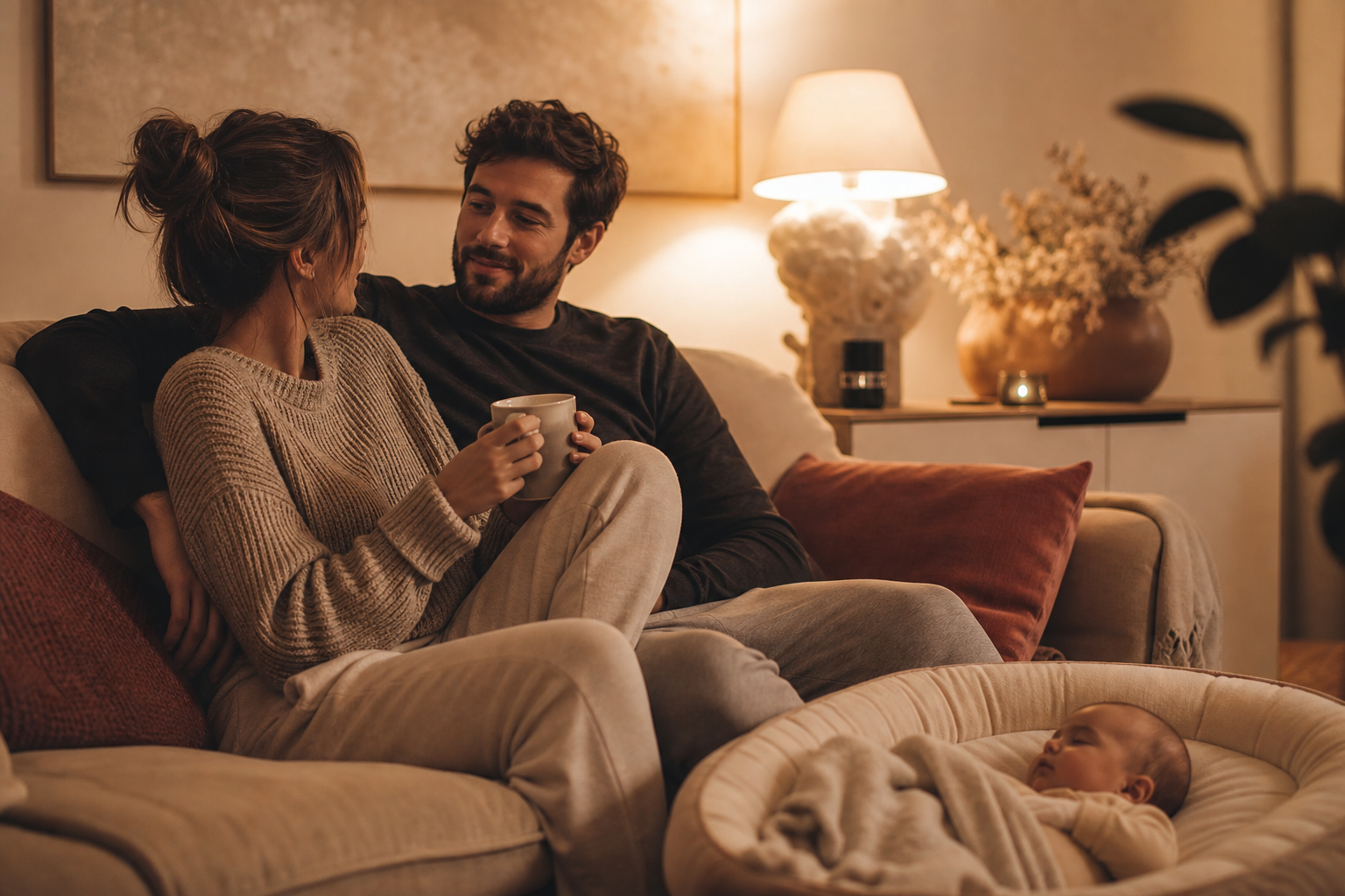 A couple sits relaxed together on the couch with a sleeping baby nearby, warm evening light