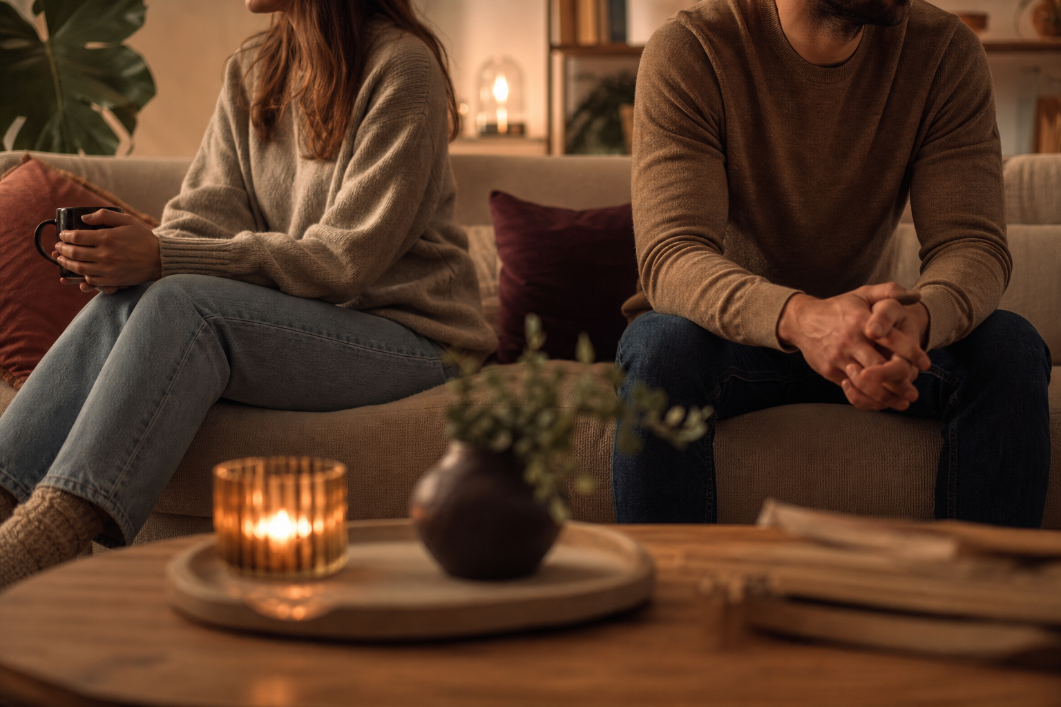Two partners sitting slightly apart on the couch after a conversation, warm light, relatable domestic scene without close-up faces