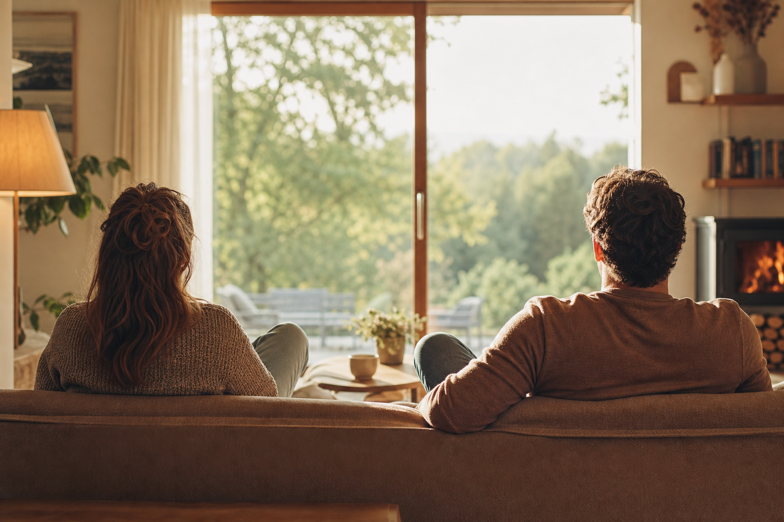 Two people sit with some distance between them on a couch, looking outside, warm daylight, no close-up faces