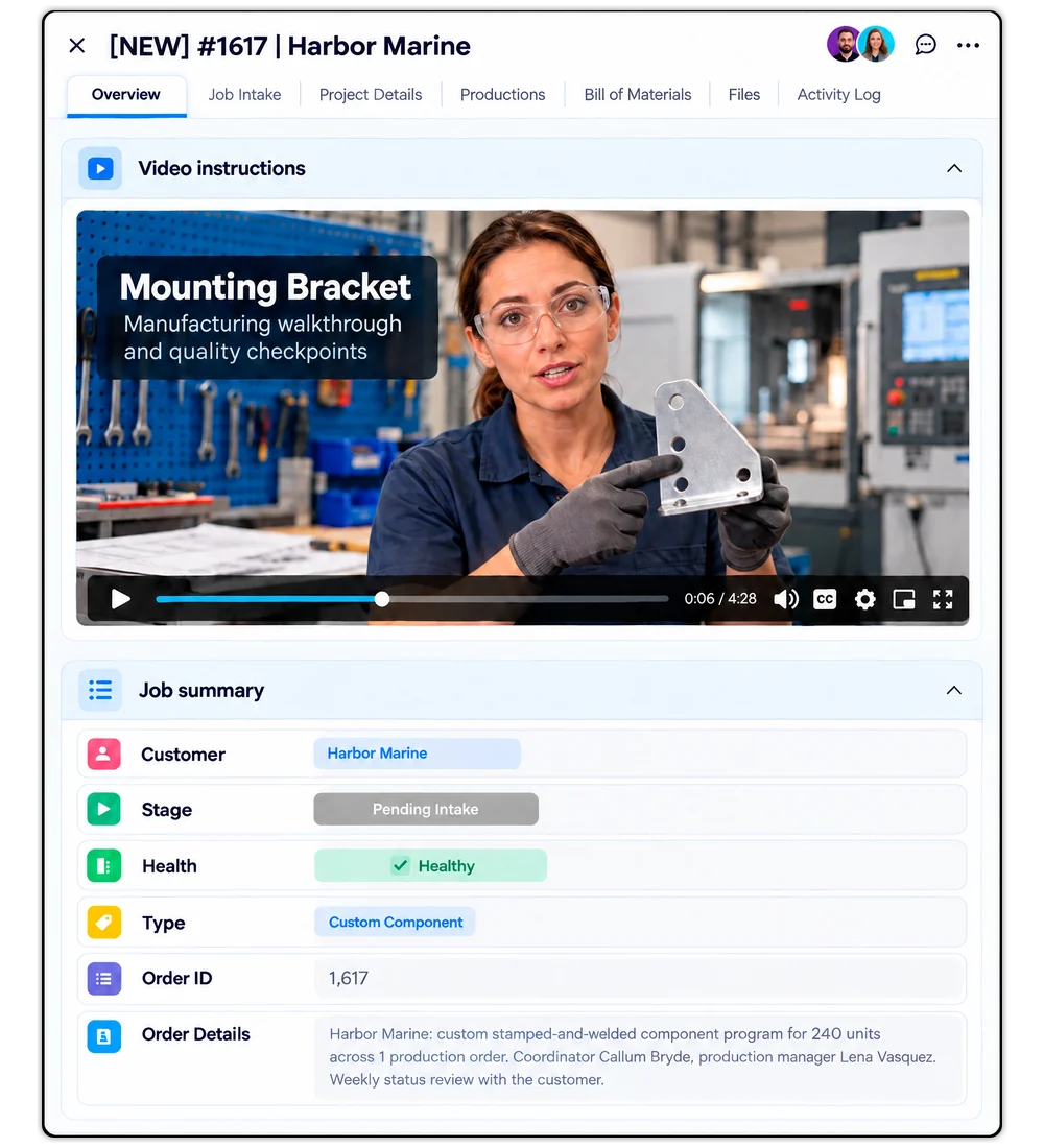 A Better Item Views item for a mounting bracket with a video walkthrough of the manufacturing steps and quality checkpoints embedded at the top, and the job summary under it.