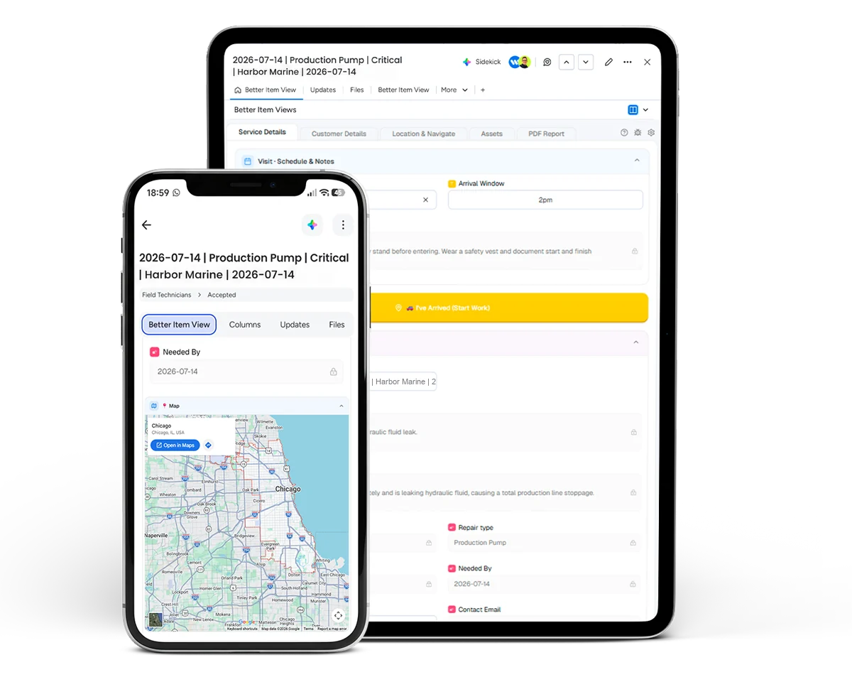 A field-service work order on a phone and a tablet in Better Item Views: on the phone, the job's needed-by date and a map to the site; on the tablet, the visit's arrival window, notes and an “I've arrived” button.