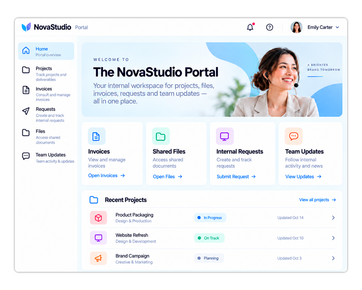 A customer portal built on monday.com: a home screen with Invoices, Shared Files, Internal Requests and Team Updates, and a list of recent projects with their status and last update.