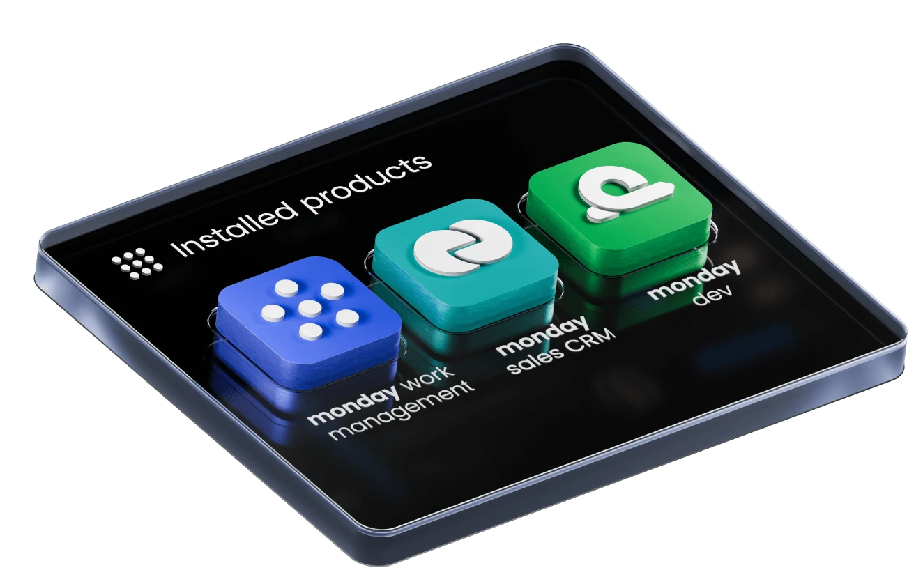 monday work management, monday sales CRM and monday dev: the products installed on one account, shown on a tablet