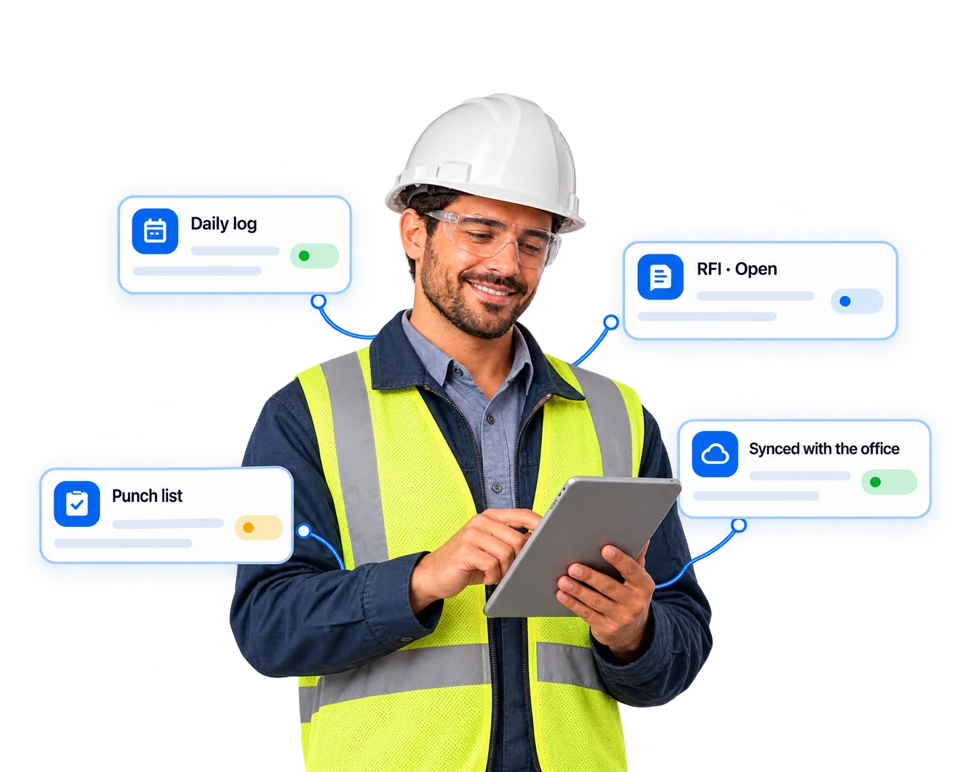A site manager in a hard hat and hi-vis vest with a tablet: the daily log, an open RFI, the punch list, synced with the office (illustration)