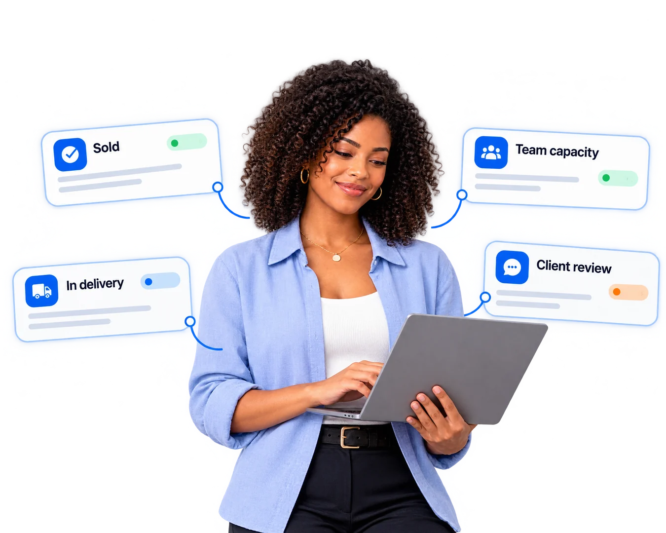 An agency account lead with a laptop: sold, in delivery, team capacity and a client review (illustration)
