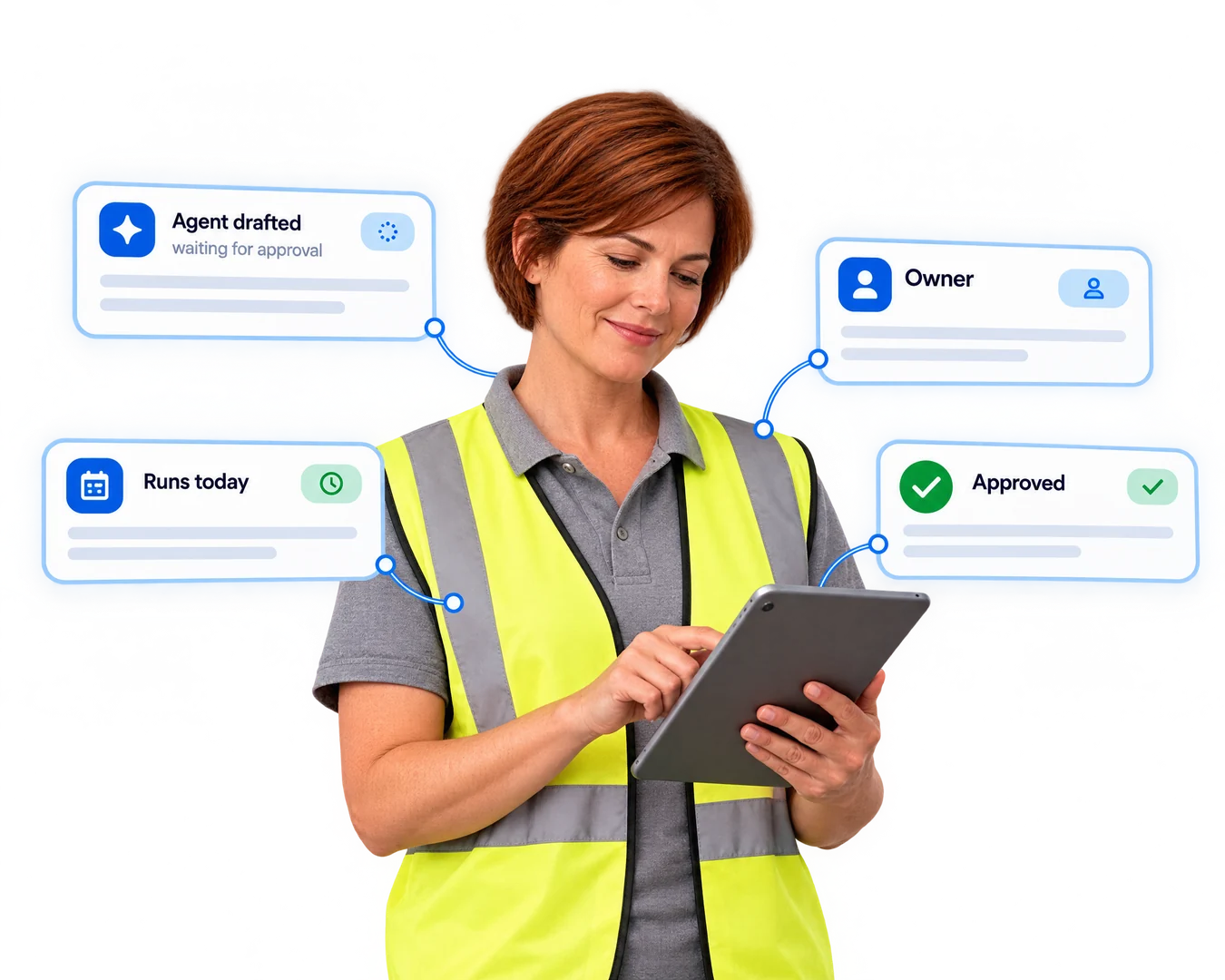 A warehouse supervisor with a tablet and an AI step inside her normal workflow: the agent’s draft waiting for approval, the runs today, the owner, approved (illustration)
