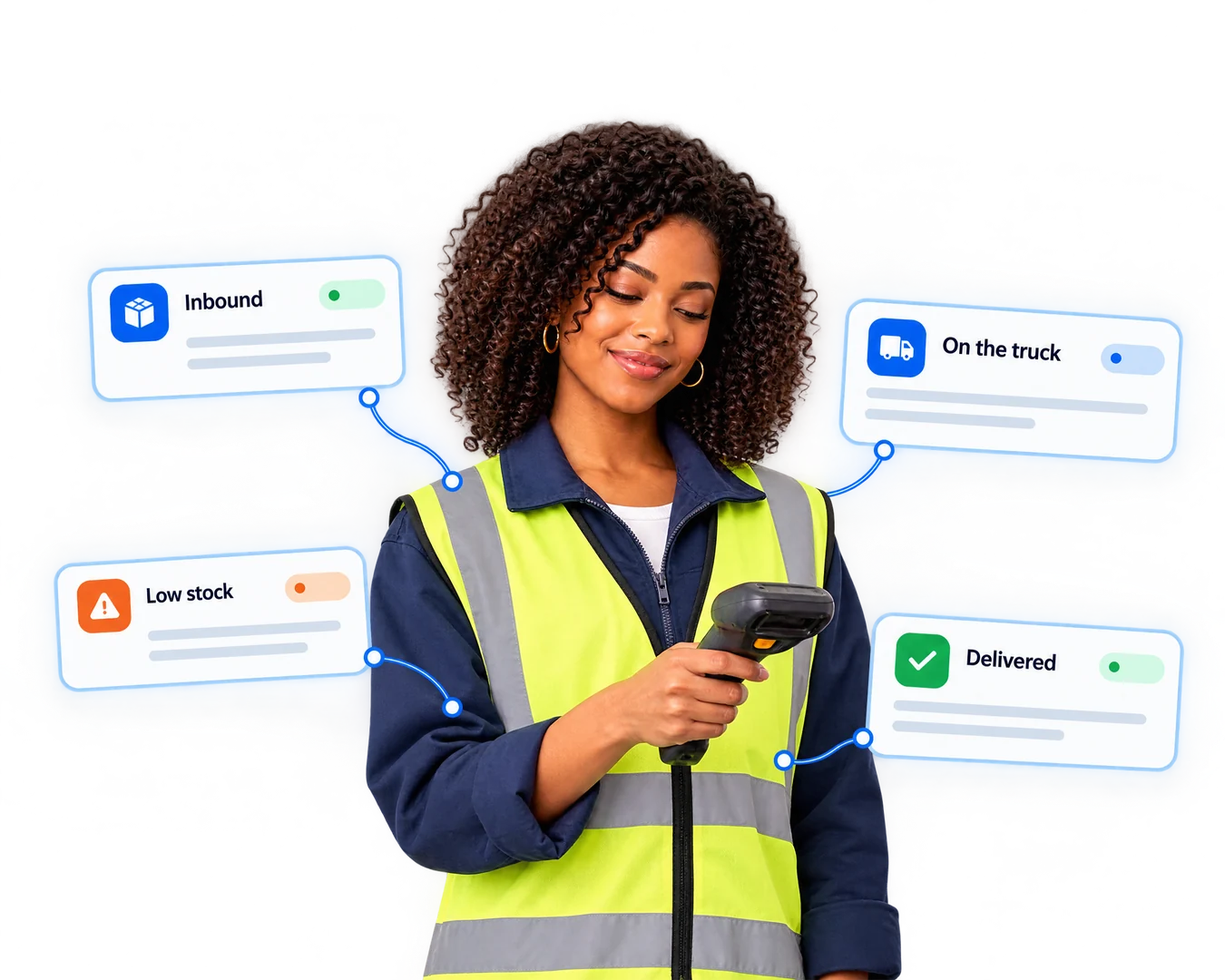 A warehouse coordinator in a hi-vis vest with a barcode scanner: inbound, on the truck, low stock, delivered (illustration)