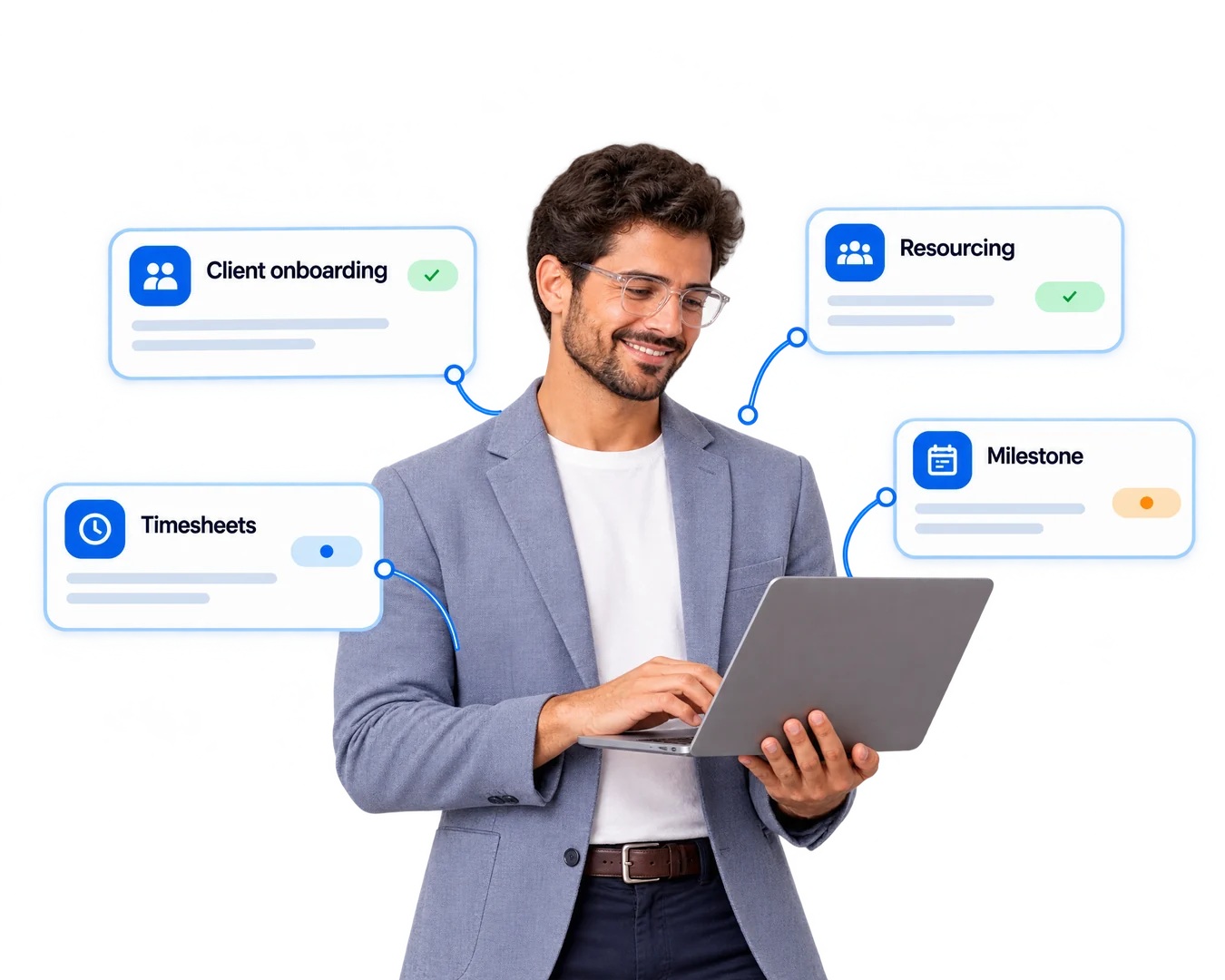 A consultant with an open laptop: client onboarding, resourcing, timesheets and a milestone (illustration)
