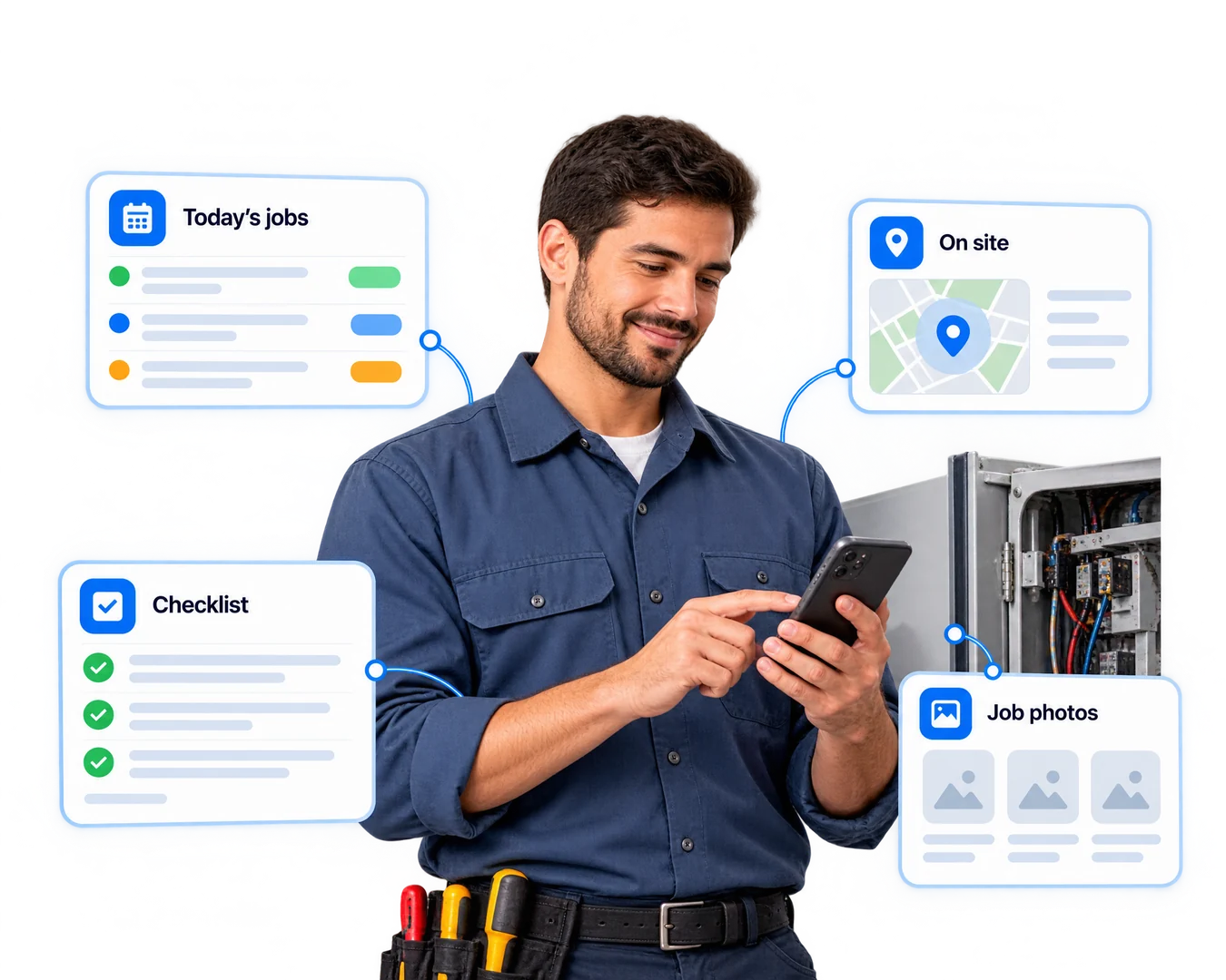 A field service technician beside an open equipment panel with a phone, and the cards he works from: today’s jobs, on site, a checklist and job photos (illustration)