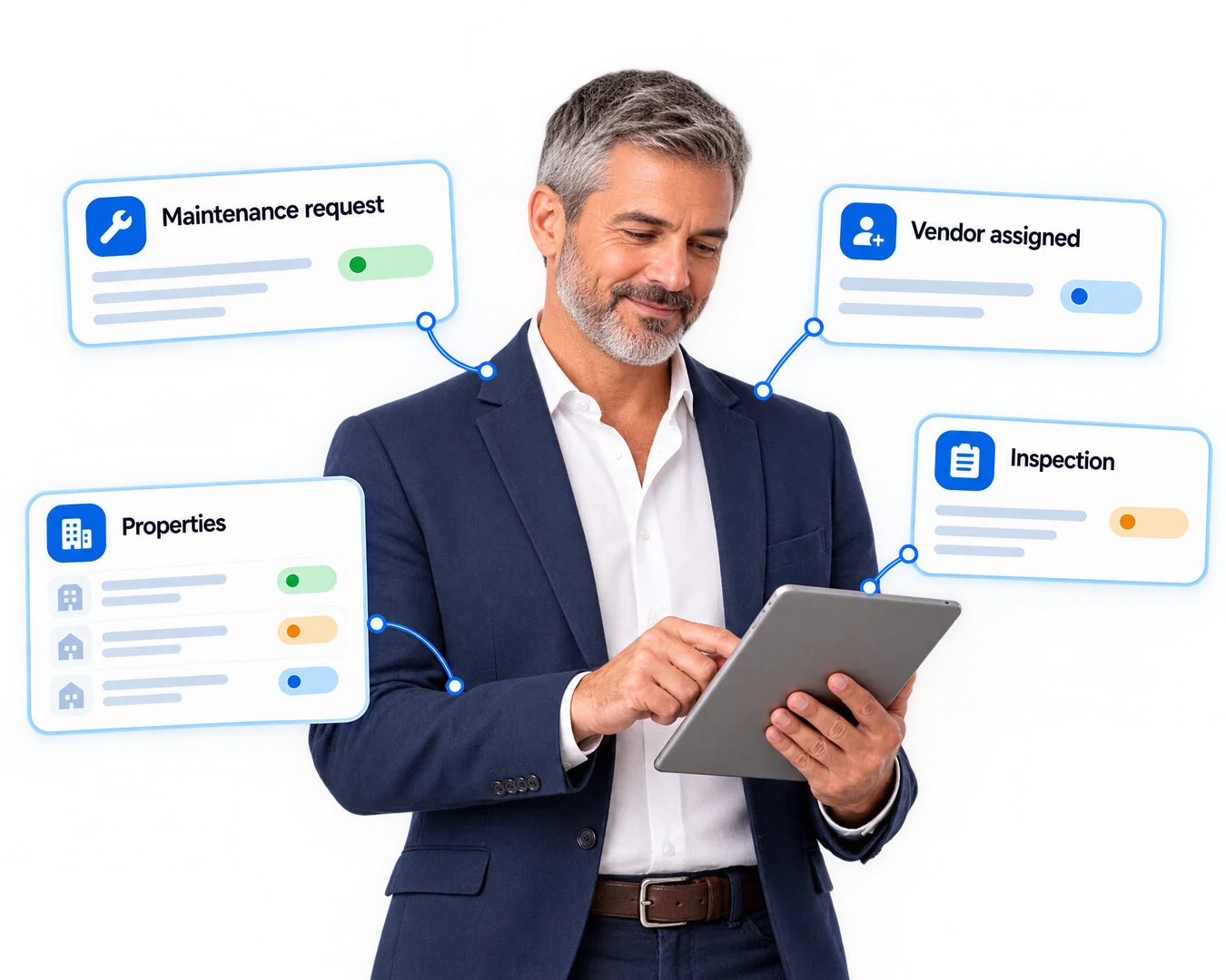 A property manager with a tablet: a maintenance request, the vendor assigned, properties and an inspection (illustration)