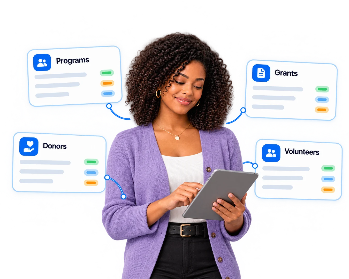 A nonprofit program coordinator with a tablet: programs, donors, grants and volunteers (illustration)