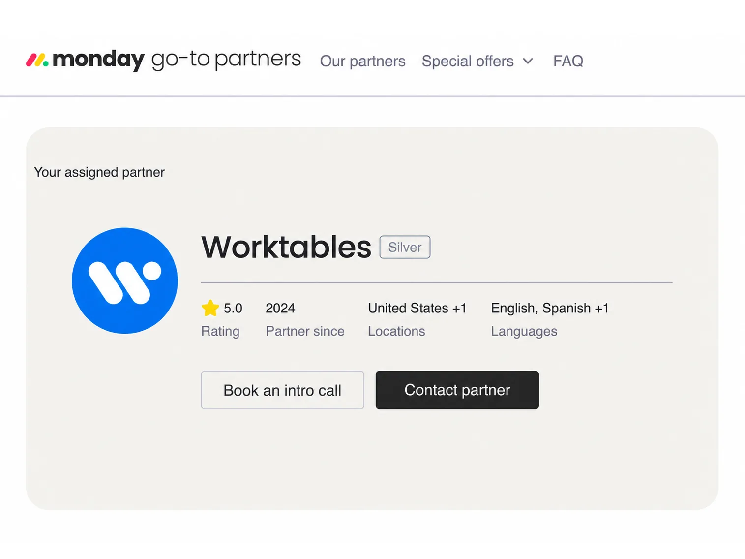 Worktables’ listing in monday.com’s go-to partners directory: Silver, partner since 2024, United States, English and Spanish