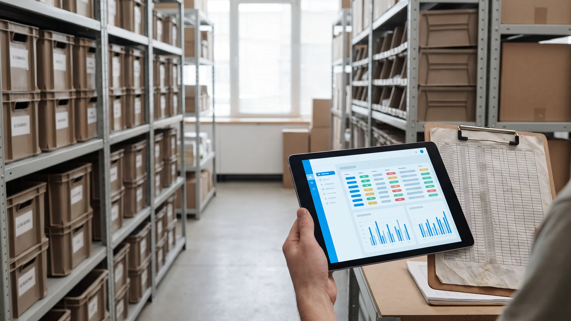 A tidy warehouse aisle with labelled bins; in the foreground a tablet showing a simple board of item rows with status colours, beside a printed spreadsheet on a clipboard