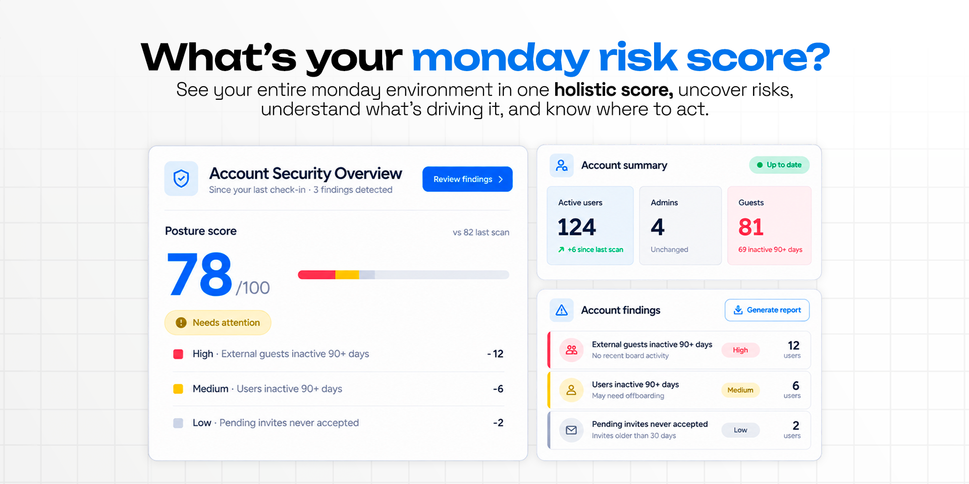 What’s your monday.com risk score? See your entire monday.com environment in one holistic score, uncover risks, understand what’s driving it, and know where to act. An account security overview with a posture score, the account summary and its findings.
