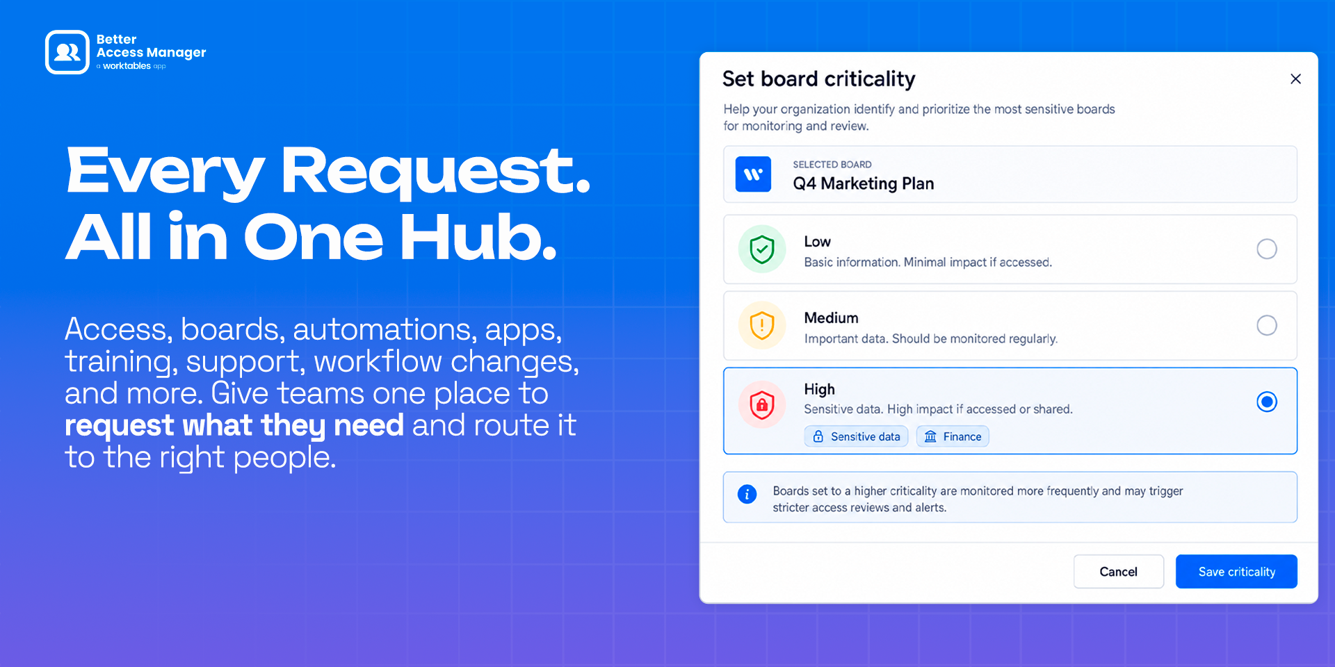 Every request. All in one hub. Access, boards, automations, apps, training, support, workflow changes and more: give teams one place to request what they need and route it to the right people. Beside it, a board’s criticality being set.