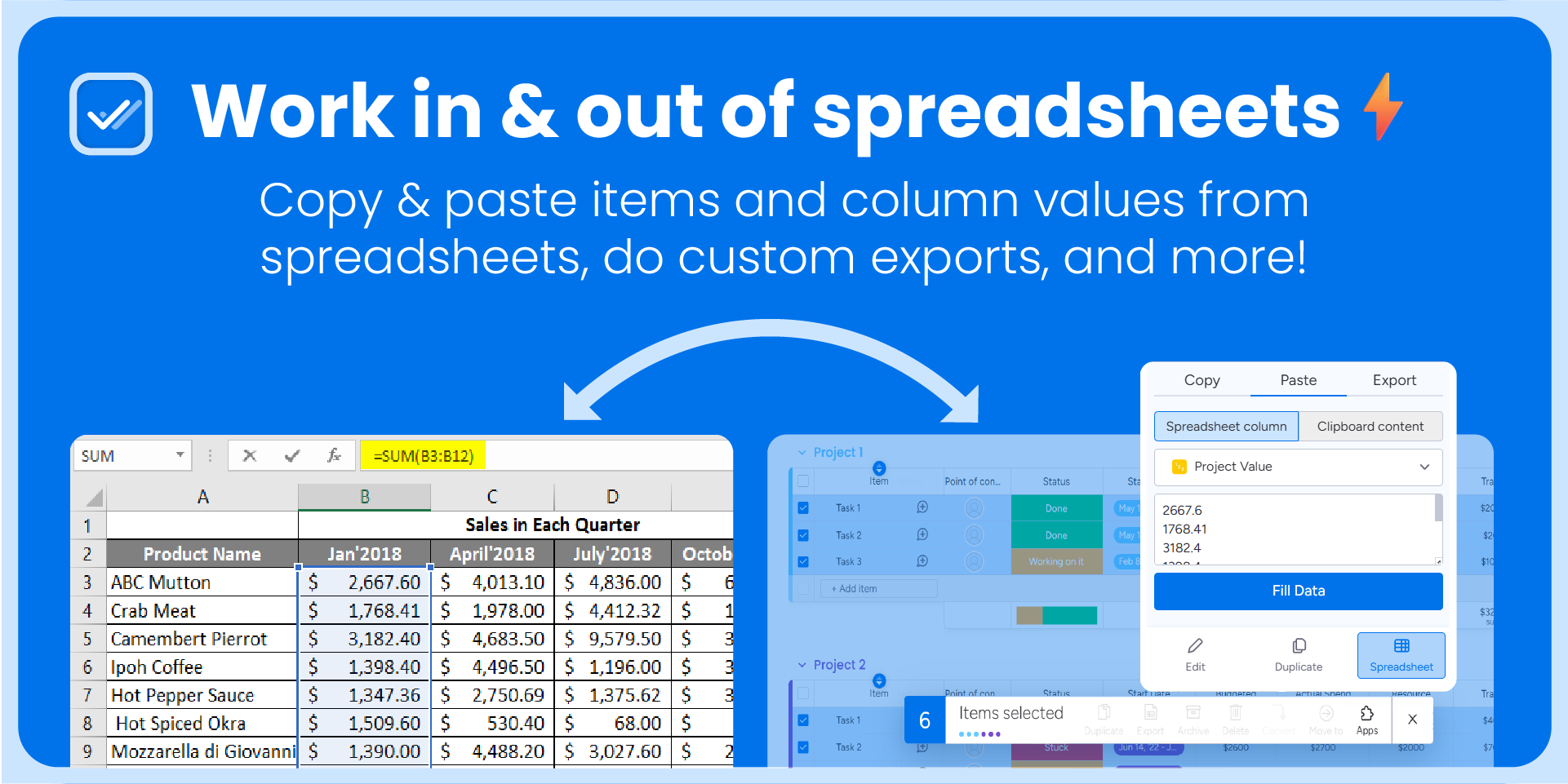 Work in and out of spreadsheets: copy and paste items and column values from spreadsheets, do custom exports, and more. Values from a spreadsheet pasted into a board column.