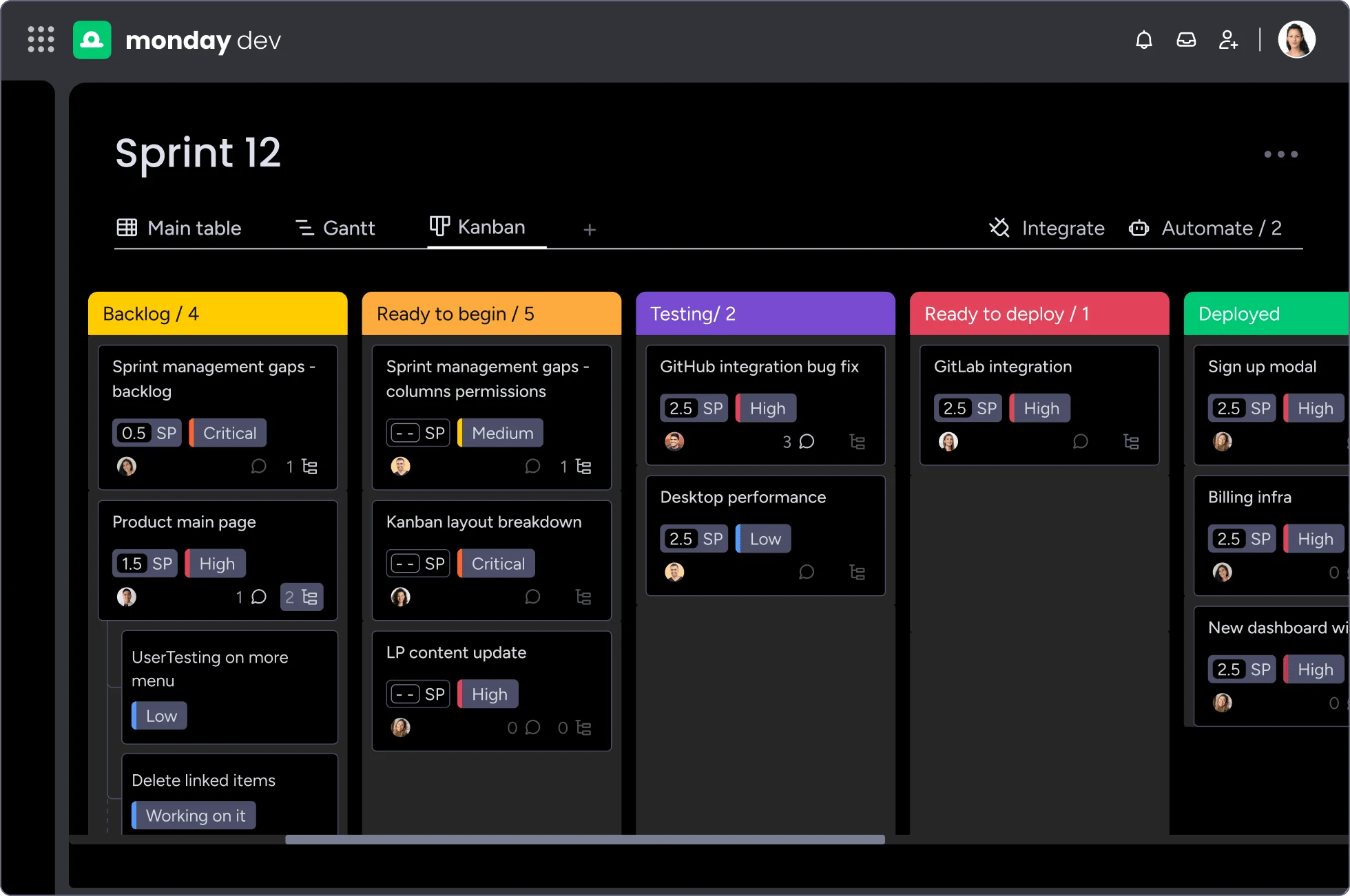 monday Dev: a sprint on a kanban board, from backlog to deployed, in the product’s dark interface