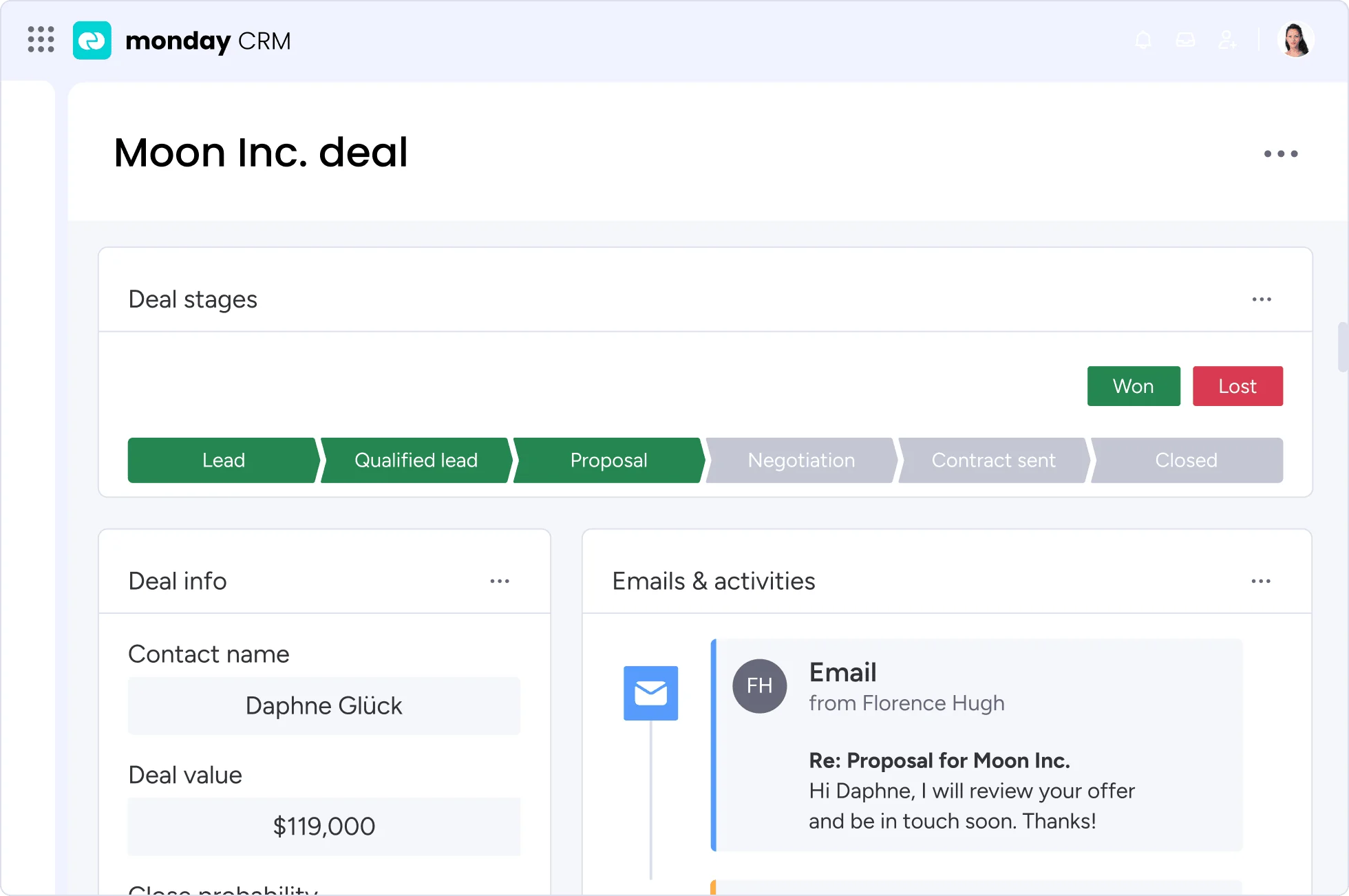 monday CRM: a deal’s stages, deal info and emails & activities on one screen