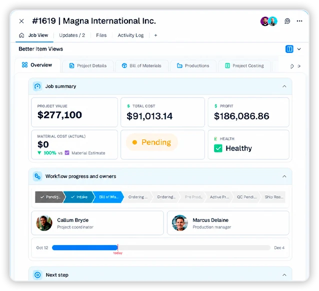 Better Item Views: a job’s item view with its summary, workflow progress and owners.