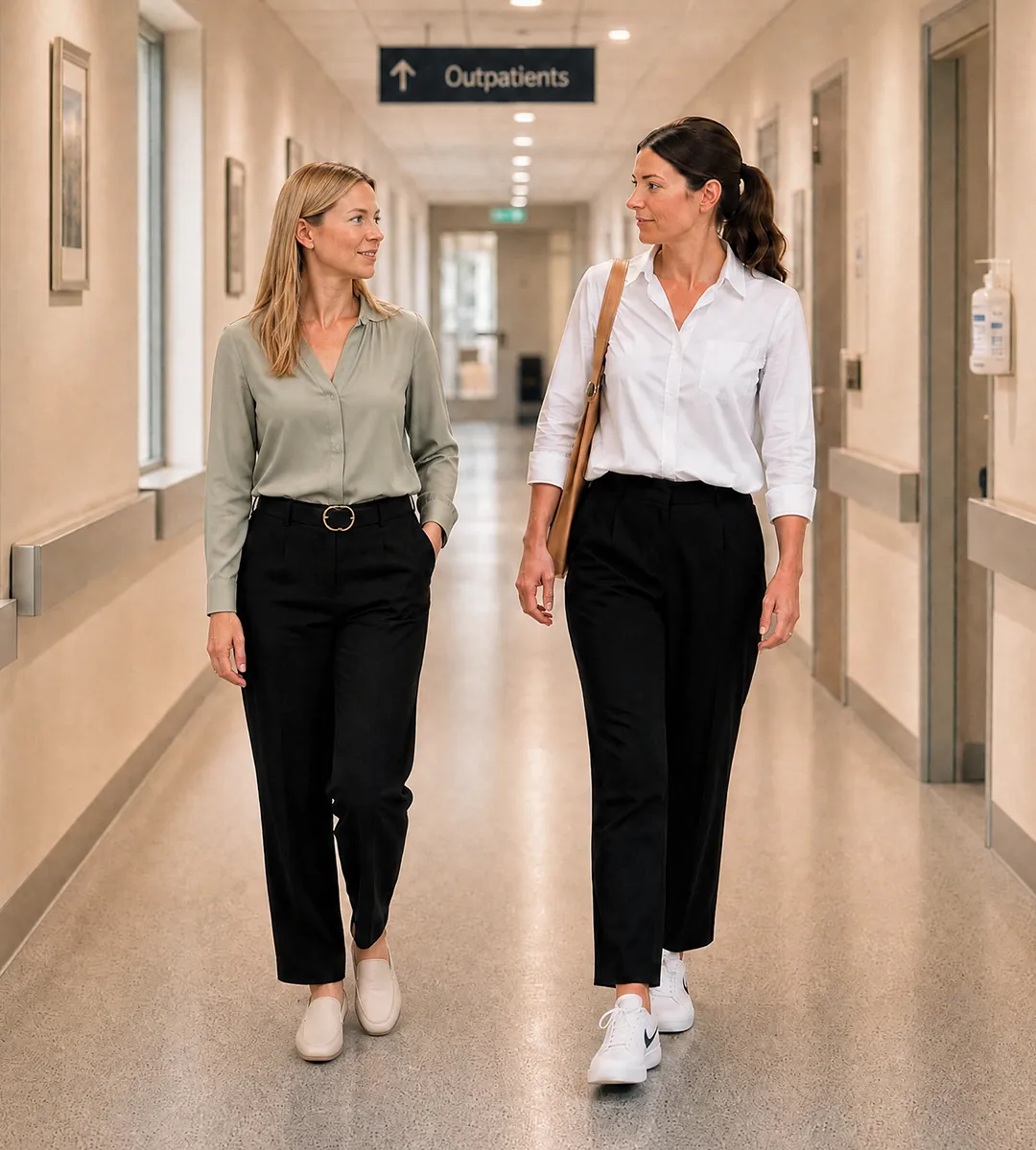 Two clinicians walking together along a bright, calm hospital corridor.