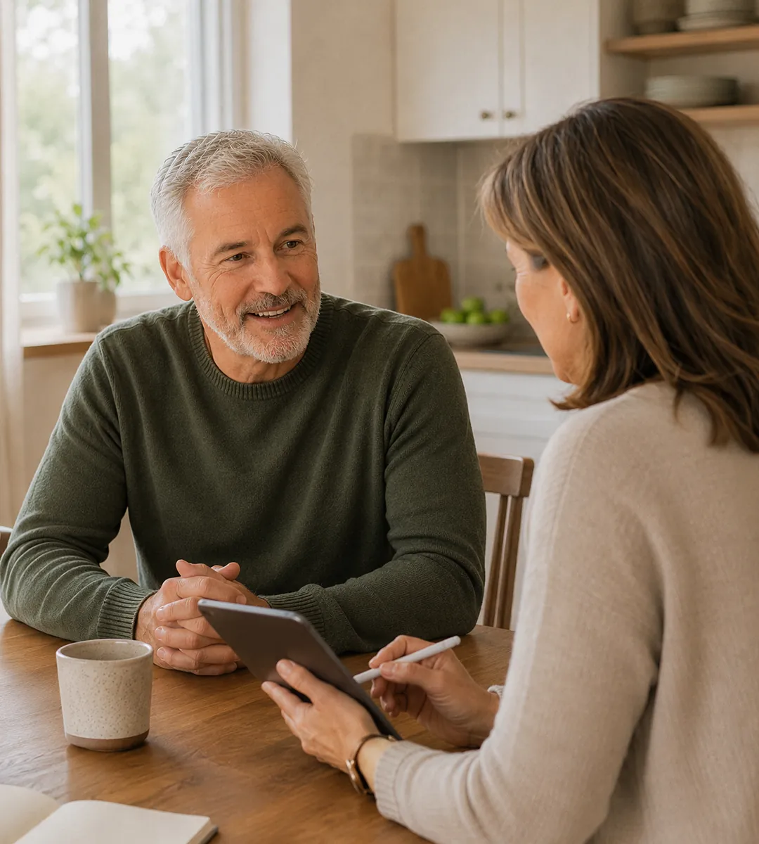 A client and a therapist talking across a kitchen table, a tablet and notebook between them.