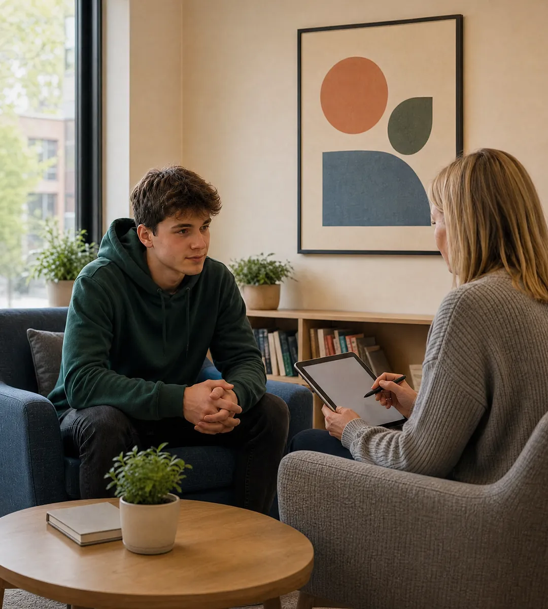 A young adult in conversation with a tutor in a calm, light-filled room.