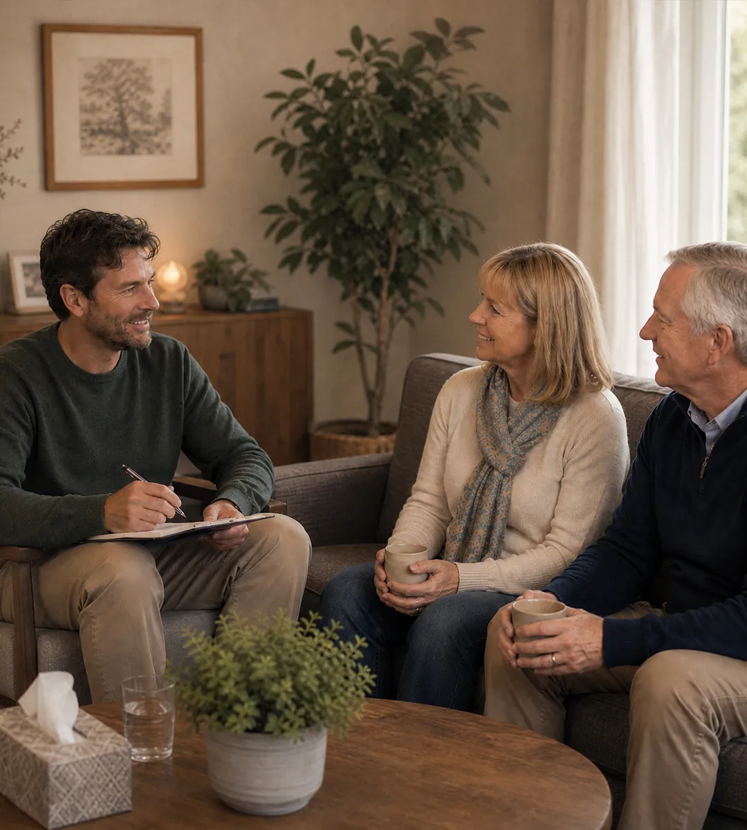 A therapist with a notebook in conversation with an older couple holding mugs in a warm living room.