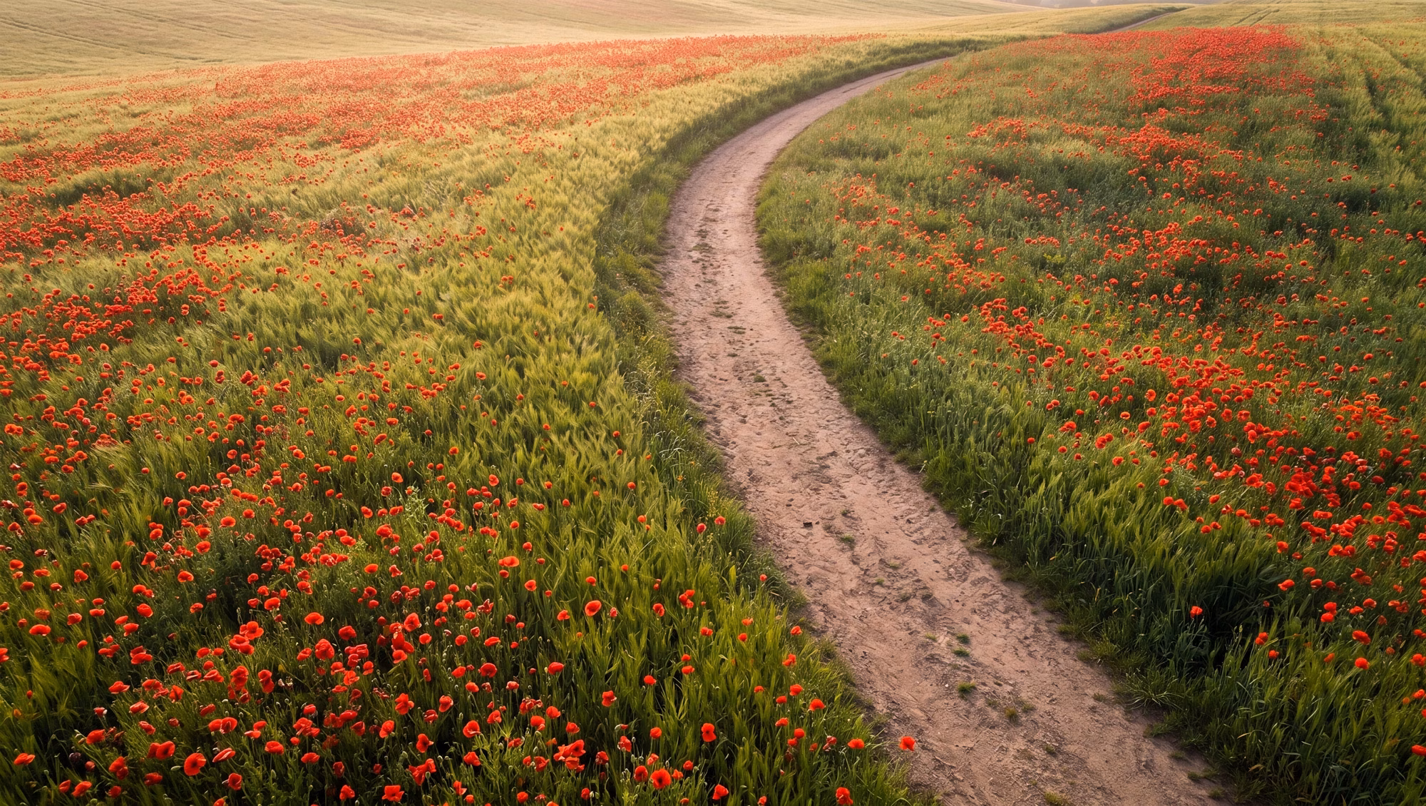 Schmaler Feldweg durch eine grüne Wiese mit roten Mohnblumen und Hügeln im Hintergrund.