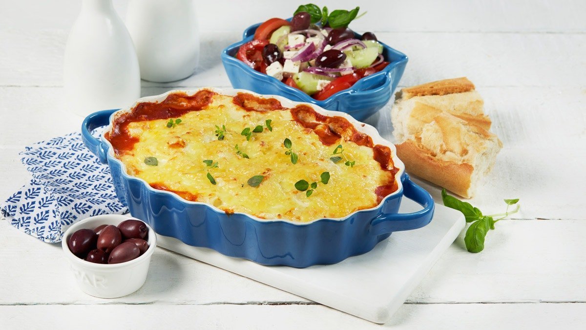 Vegetarisk moussaka med aubergine, squash og kikerter