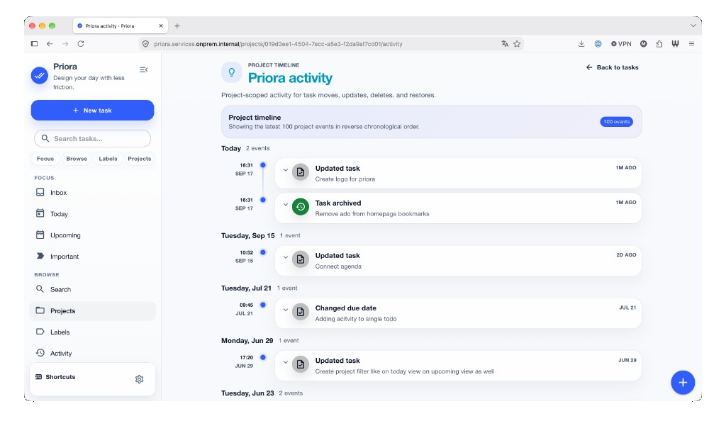 Screenshot of the Priora activity timeline with project events