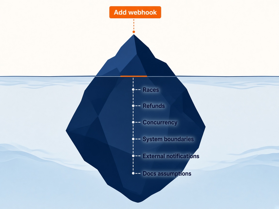 Iceberg diagram: only Add webhook above water; races, refunds, concurrency, system boundaries, external notifications, and documentation assumptions below