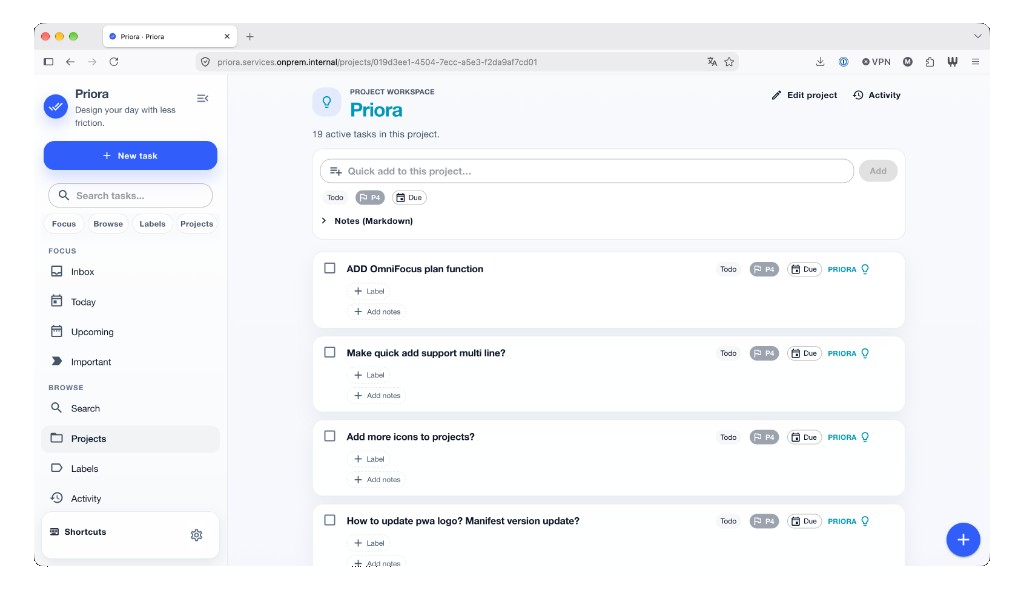 Screenshot of the Priora project view with a task list