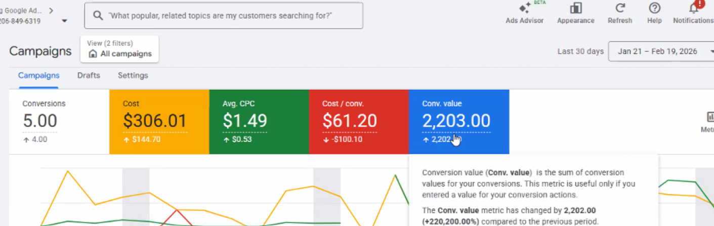 Google Ads results — last 30 days