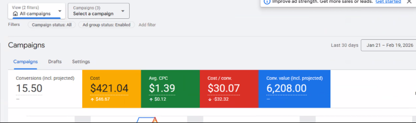 Google Ads results: ~15x return on ad spend