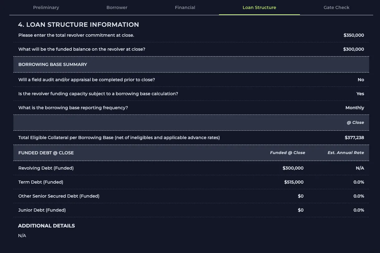 The loan structure step of a BankersEdge request, showing revolver commitment and funded balance, a borrowing base summary with total eligible collateral, and a funded debt table broken out by revolving, term, other senior secured and junior debt.