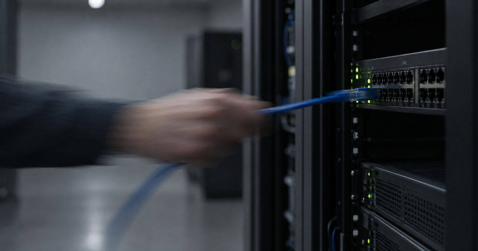Hand zieht im Serverraum ein Netzwerkkabel aus einem Switch