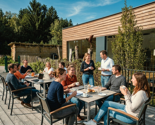 Ein Führungskräfte Seminar mit zahlreichen Teilnehmer die auf der Terrasse im Grünen ihre Gruppenarbeit besprechen.