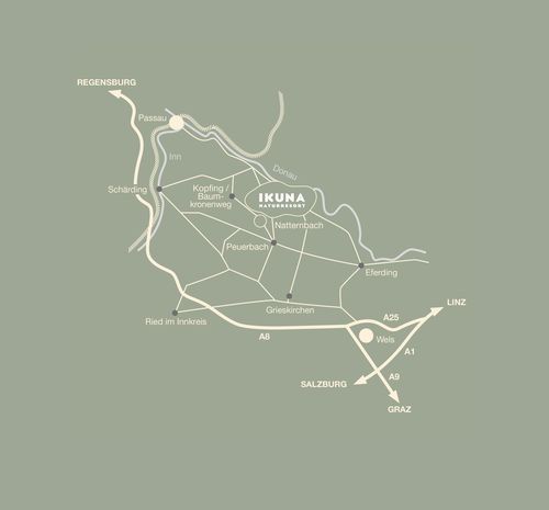 Wegweiser zum IKUNA Naturresort von Passau oder Salzburg kommend.