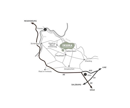 Wegweiser mit Orten rund um Natternbach als Anreisehilfe von Passau oder Salzburg kommend.