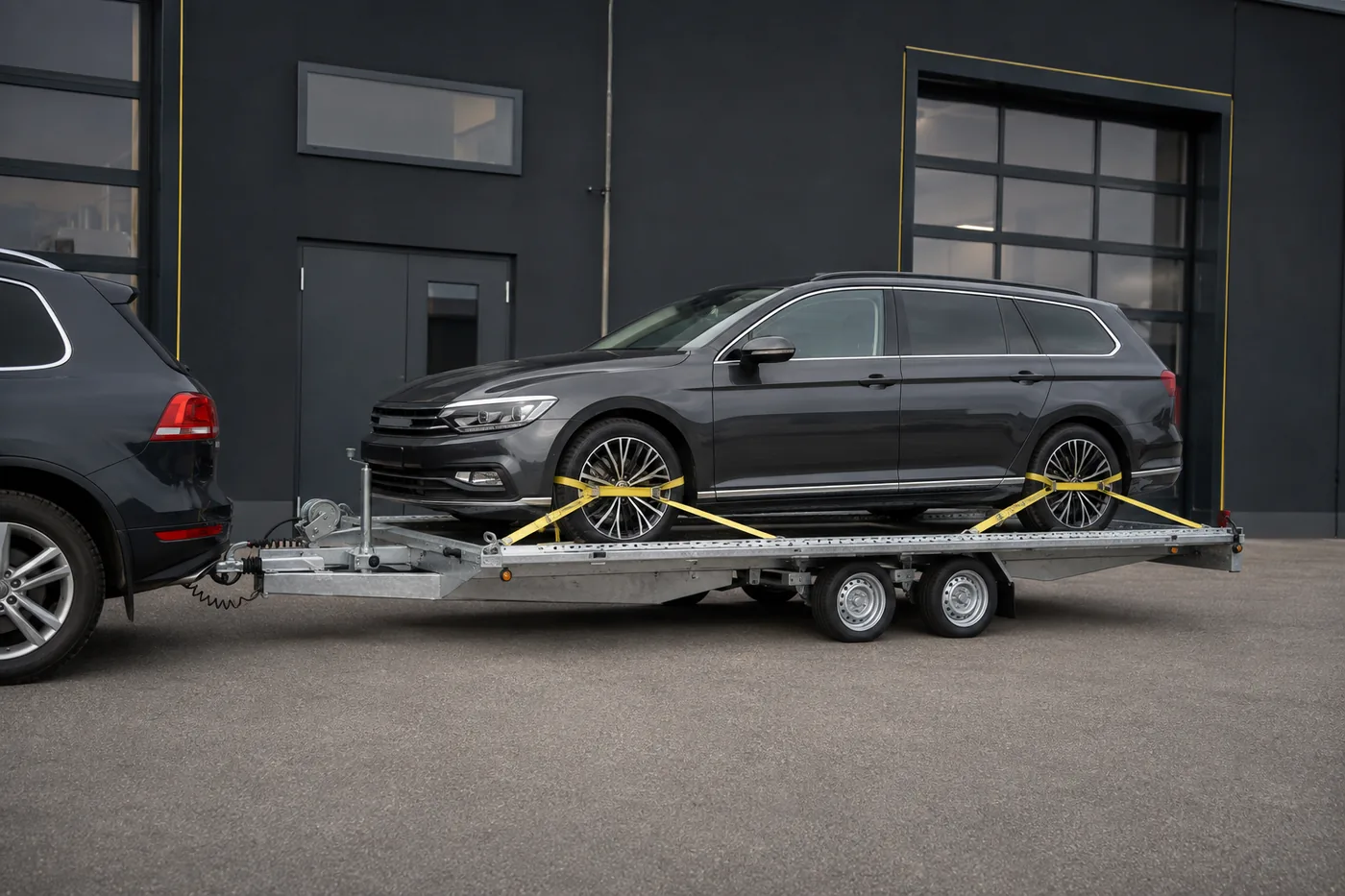 Gesicherter PKW auf einem Fahrzeugtransportanhänger – Symbolbild