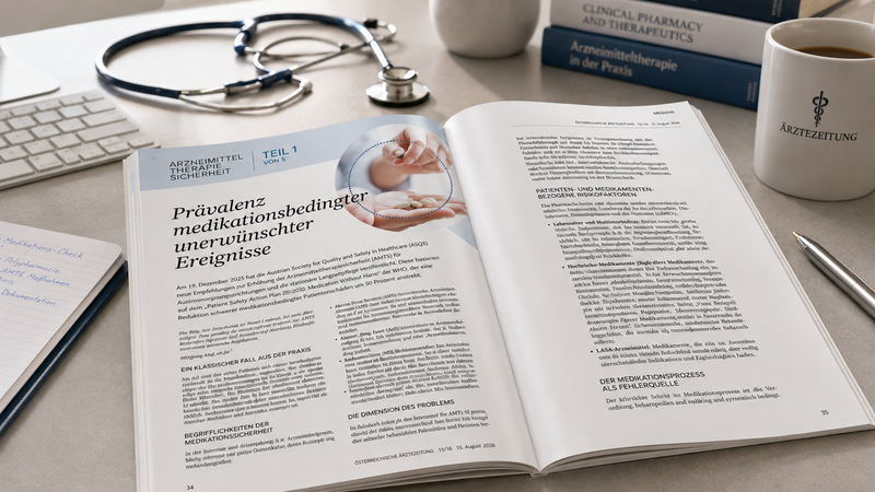 Open medical journal on a desk with stethoscope, books, a plant, notepad, and a coffee mug.